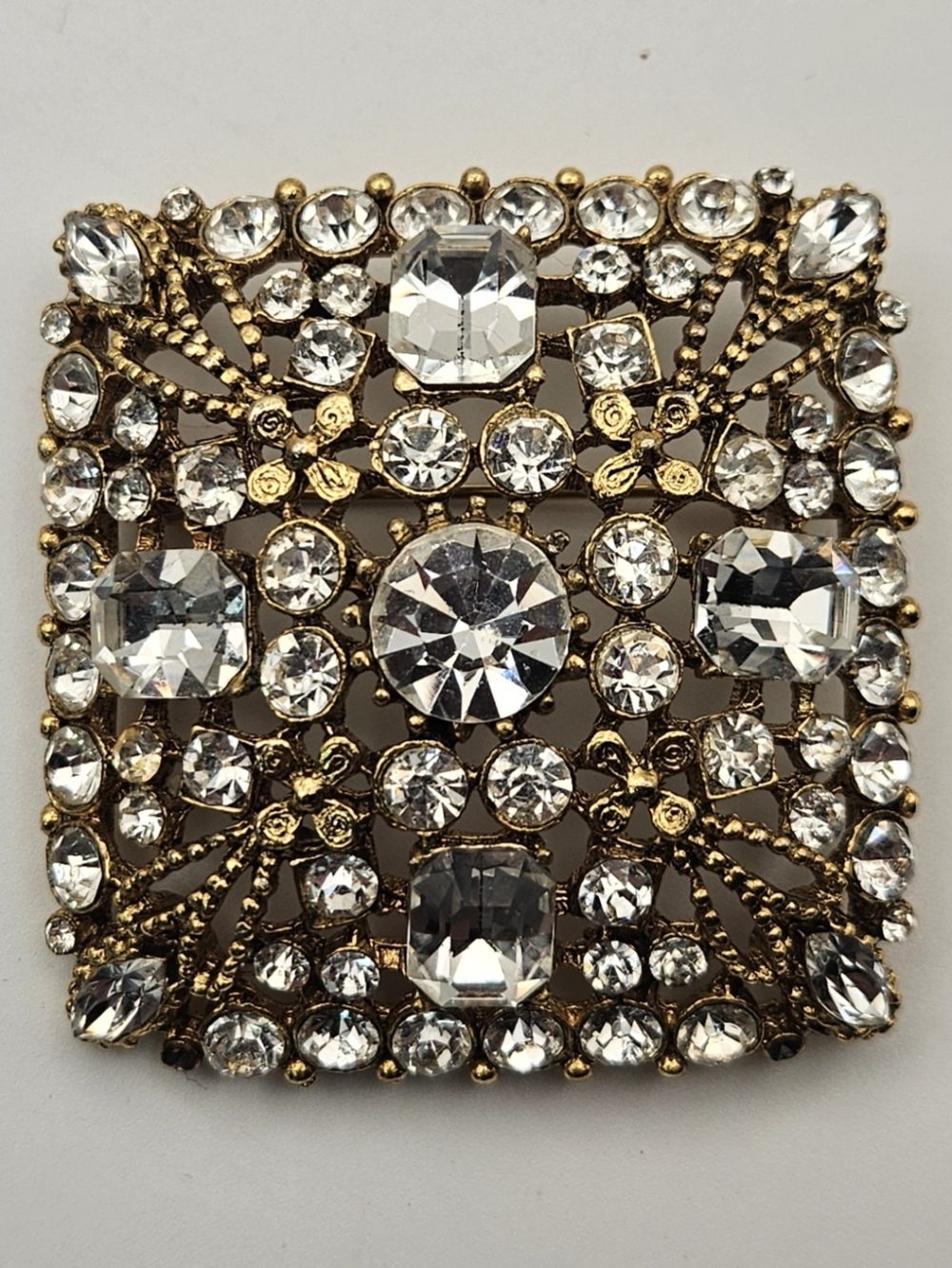 Vintage Capri Signed Rhinestone Brooch Square Gold Tone Openwork Geometric Pin